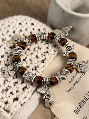 Tiger’s Eye Charm Bracelet Boho Stretch Beaded Silver Tone Mermaid Clover